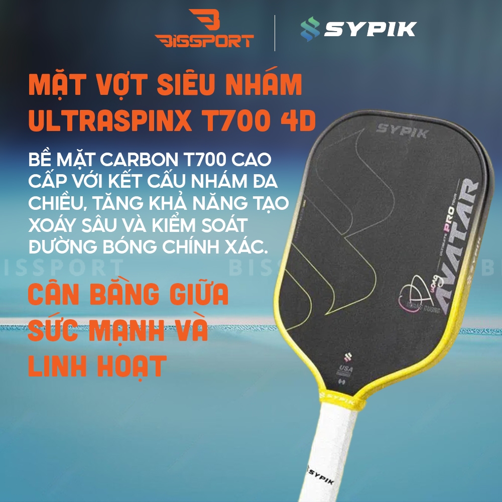 Vợt Pickleball Sypik Avatar 16mm Chính Hãng - Xanh Dương - Ổn Định - Kiểm Soát Đường Bóng - Mặt Carbon Fiber T700 Phủ Nhám